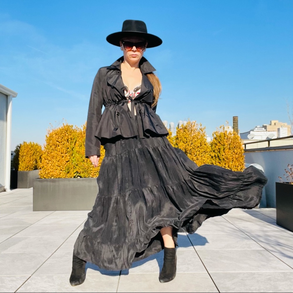 DIALOGUE 100% Silk Layered Tiered Elastic Waistband Maxi Black Full Circle Skirt - Picture 1 of 17